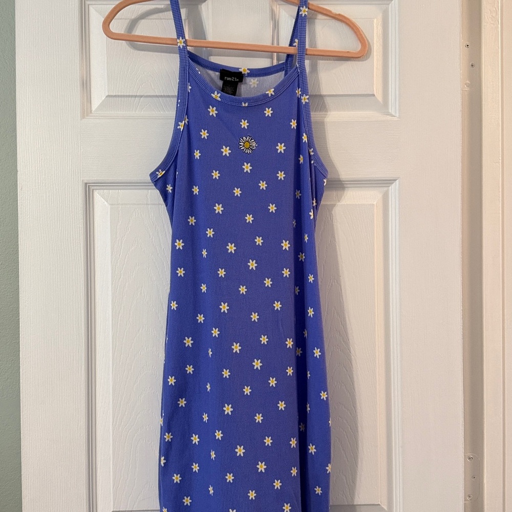 Blue Ribbed Sun Dress with Daisies